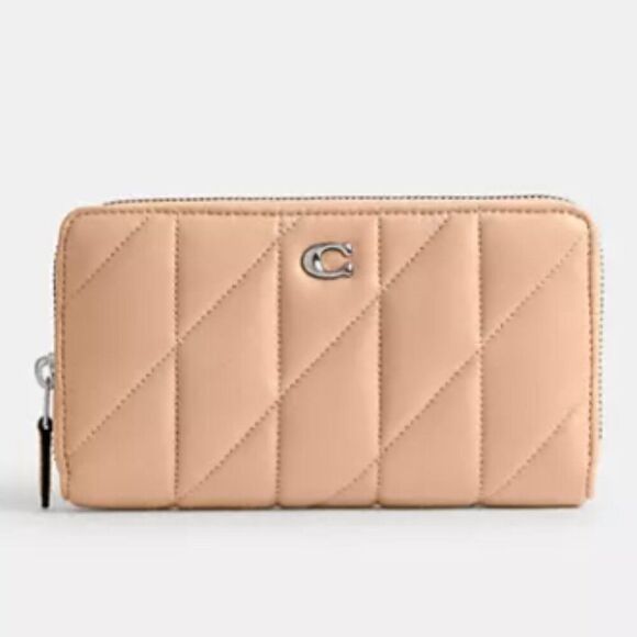 NEW - COACH PILLOW QUILTING ACCORDIAN ZIPPER NAPPA NUDE CREAM LEATHER WALLET - Picture 1 of 16
